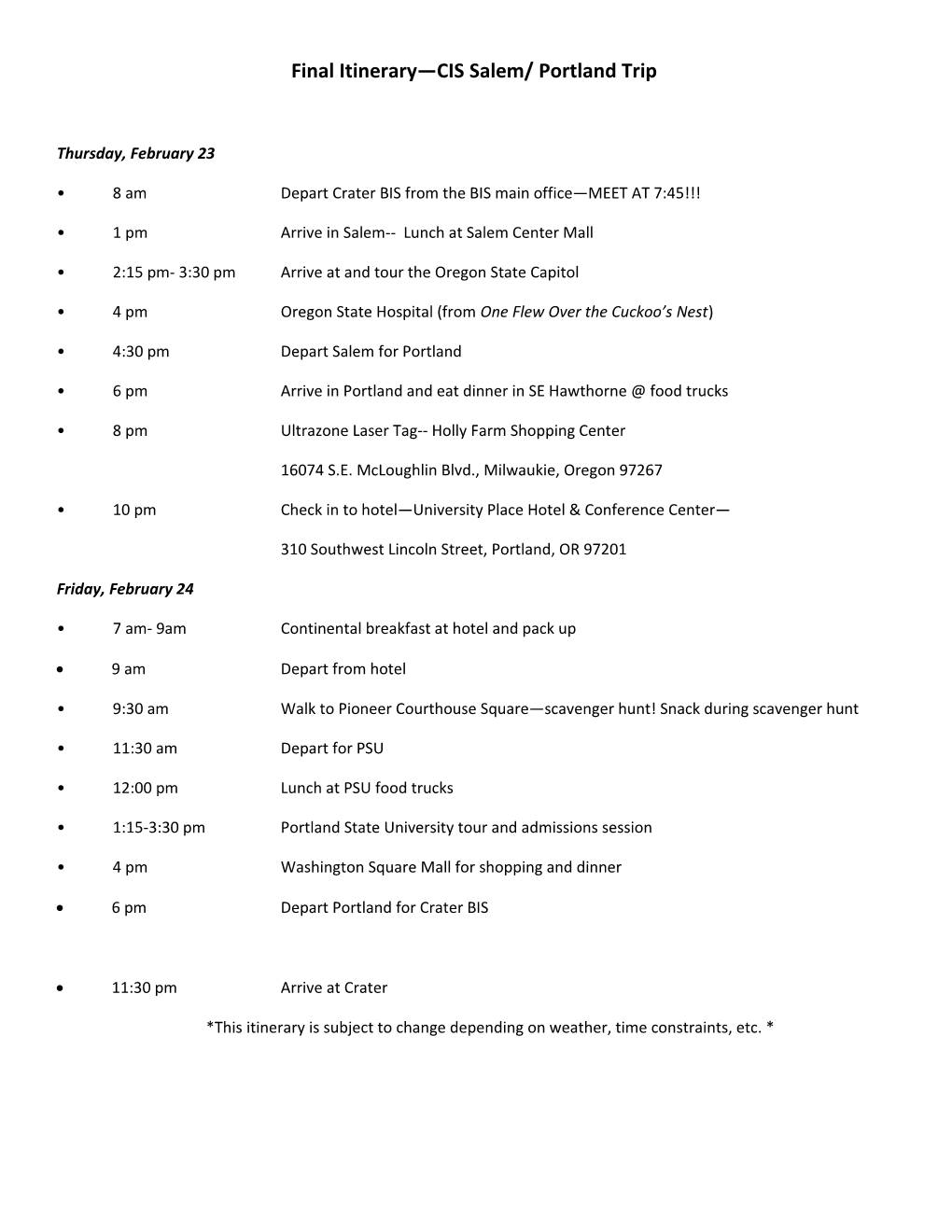 Final Itinerary CIS Salem/ Portland Trip