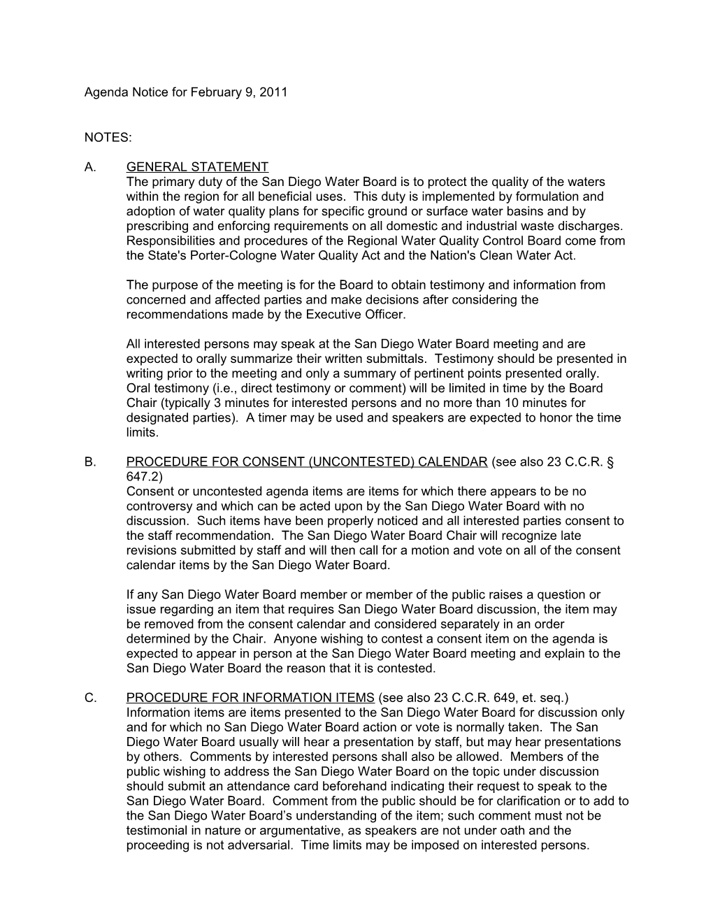Agenda Notice Forfebruary 9, 2011