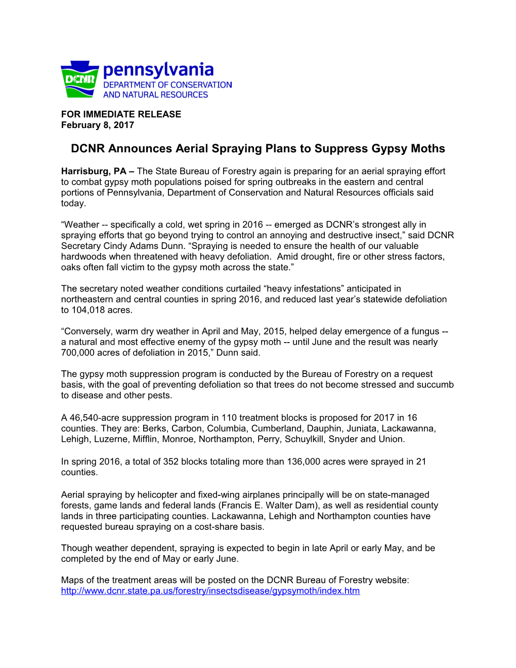 DCNR Announces Aerial Spraying Plans to Suppress Gypsy Moths