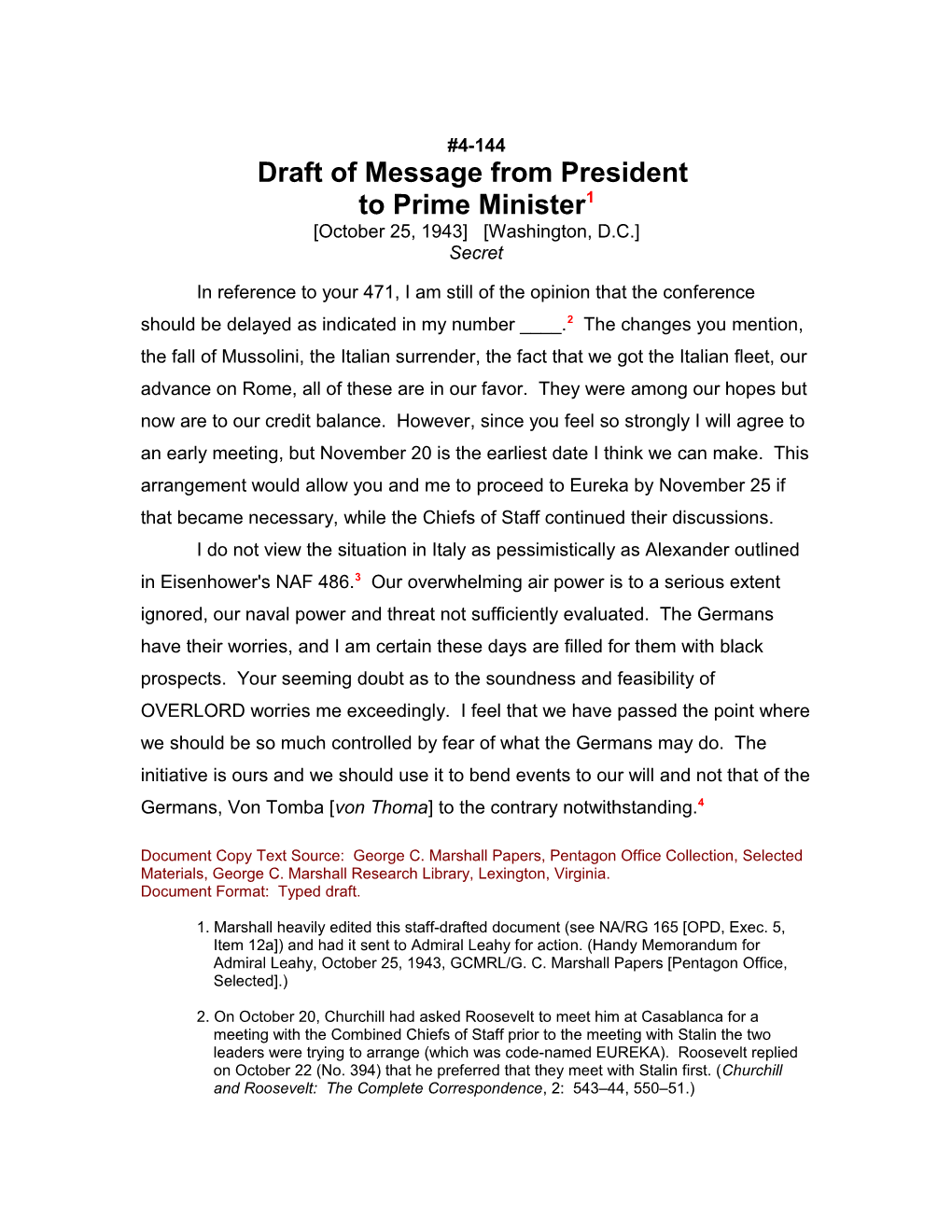 Draft of Message from President