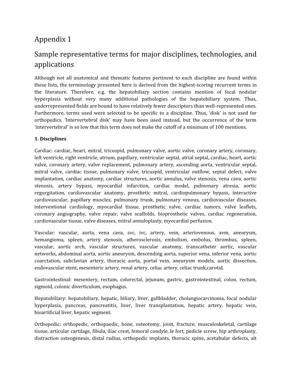 Sample Representative Terms for Major Disciplines, Technologies, and Applications
