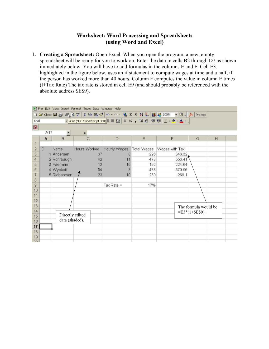 Worksheet: Word Processing and Spreadsheets