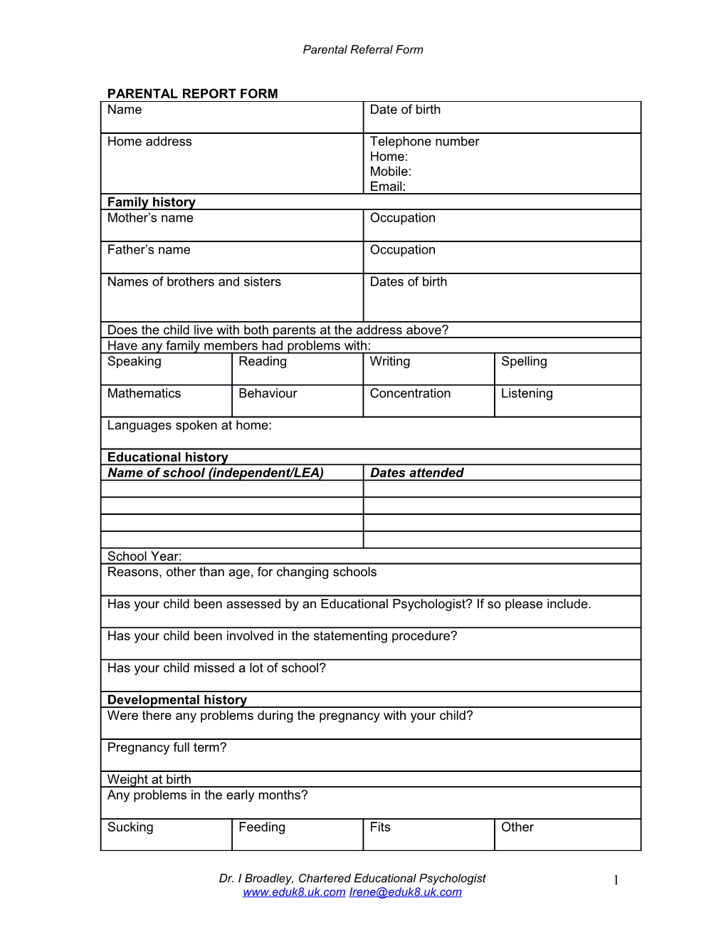 Parental Report Form