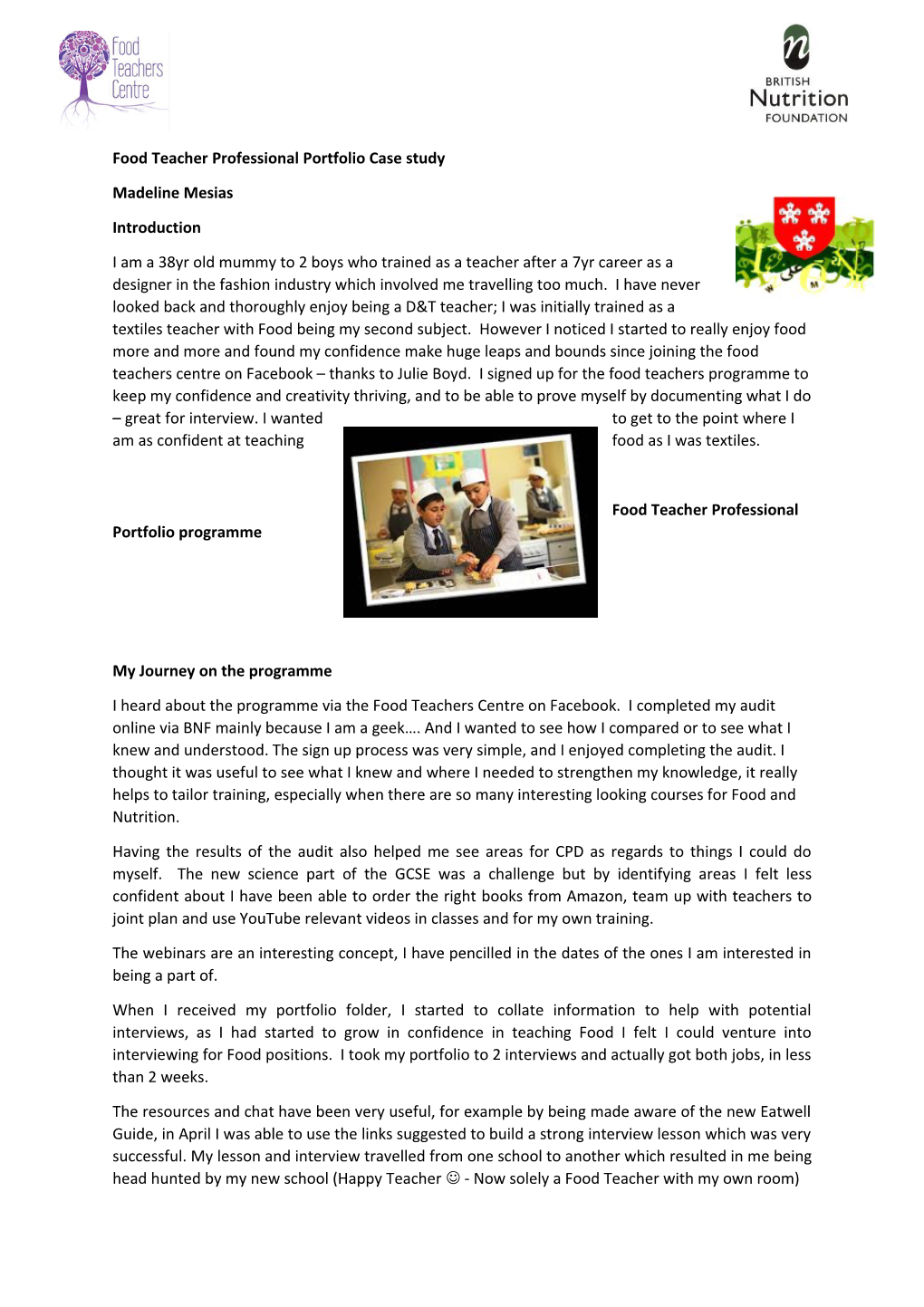Food Teacher Professional Portfolio Case Study