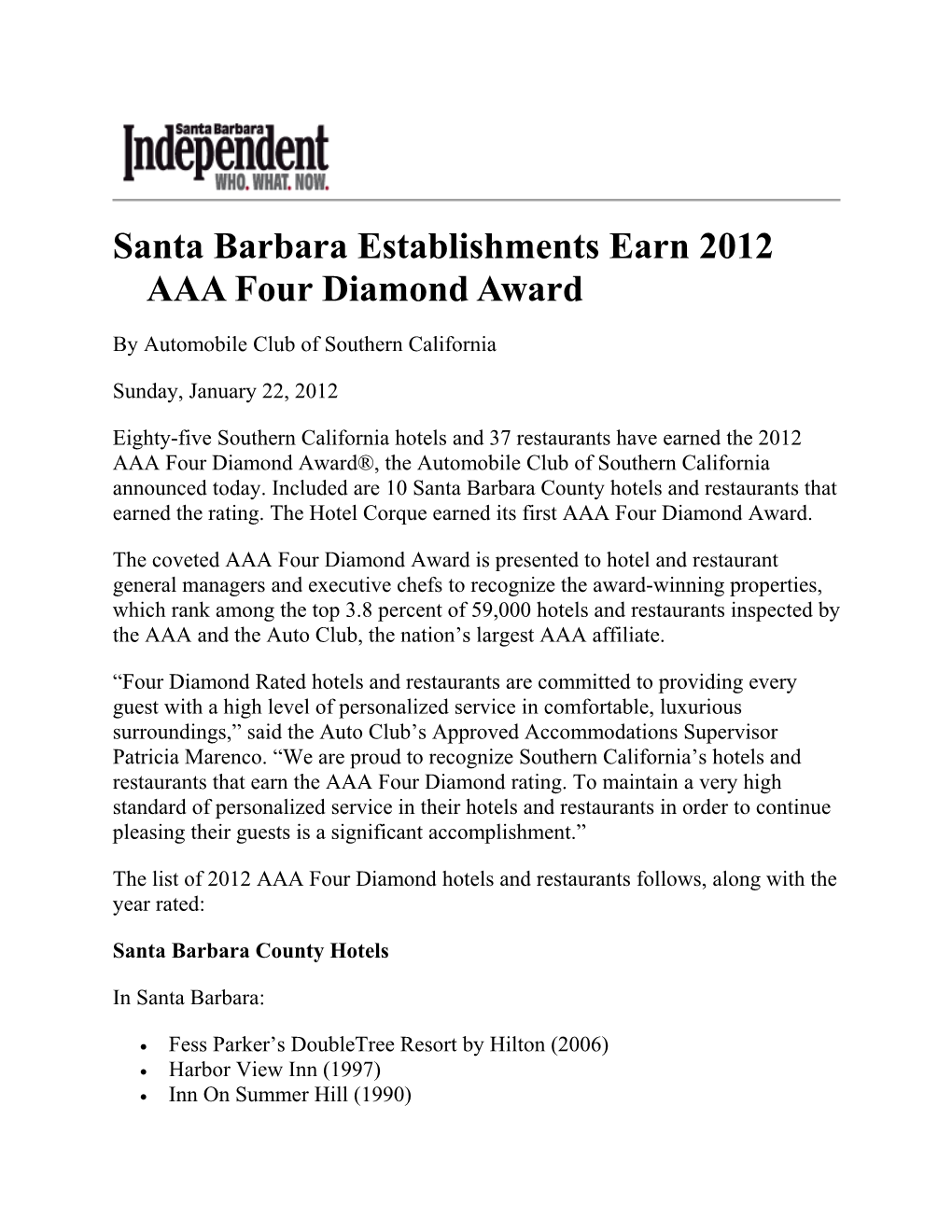 Santa Barbara Establishments Earn 2012 AAA Four Diamond Award