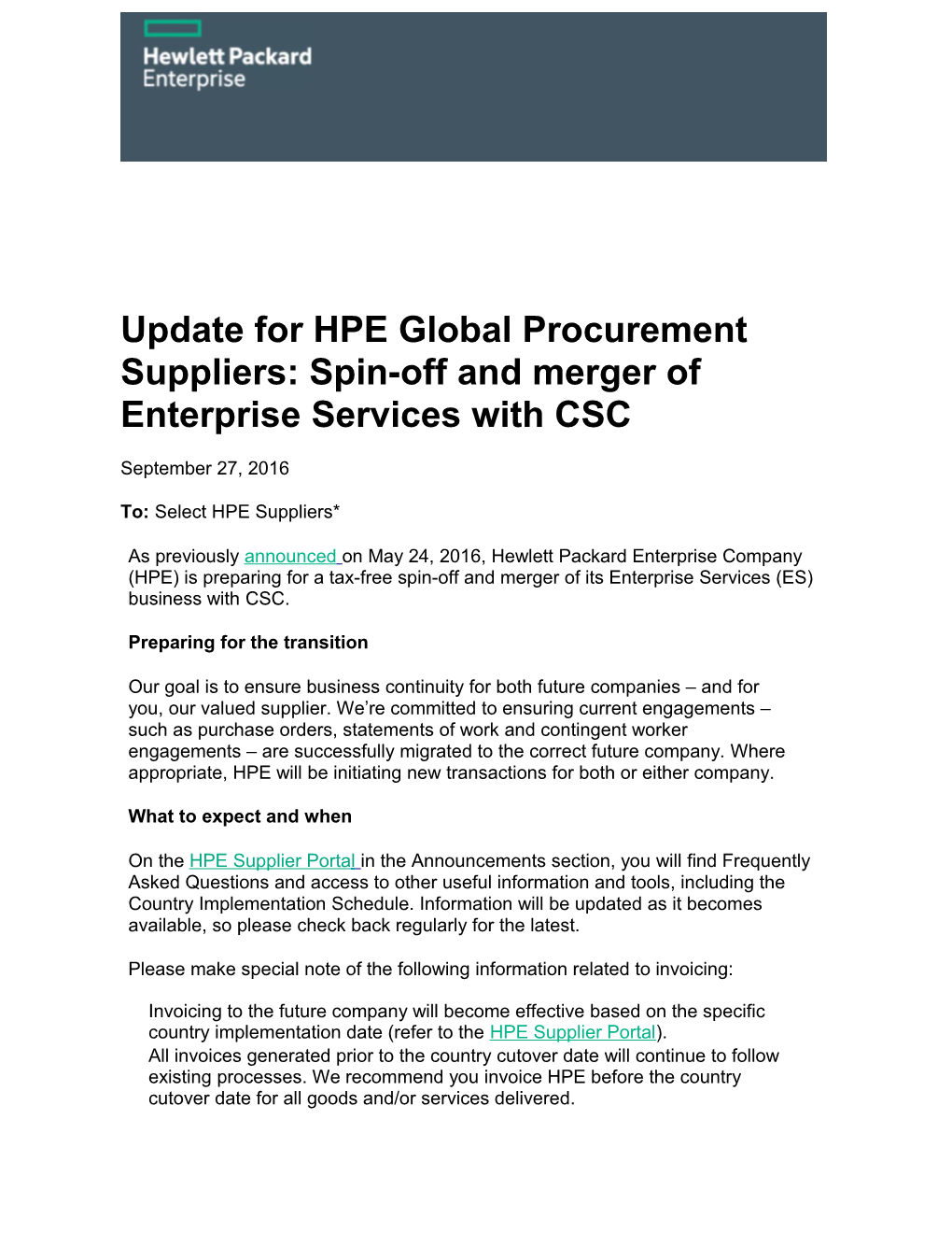 Update for HPE Global Procurement Suppliers: Spin-Off and Merger of Enterprise Services