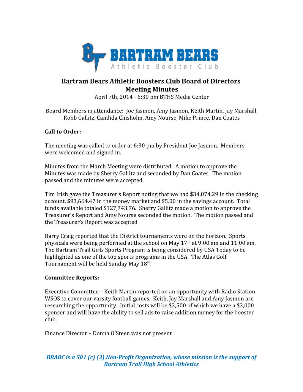 Bartram Bears Athletic Boosters Club Board of Directors