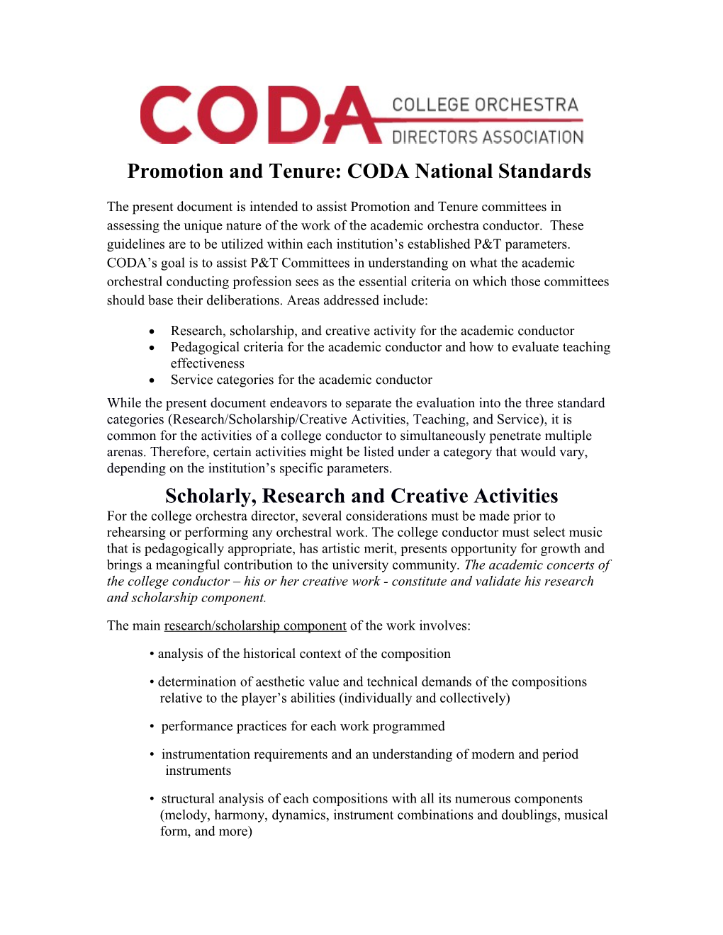 Promotion and Tenure: CODA National Standards