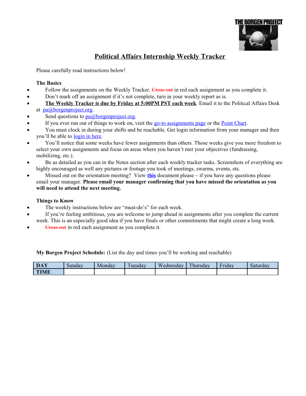 Political Affairs Internship Weekly Tracker