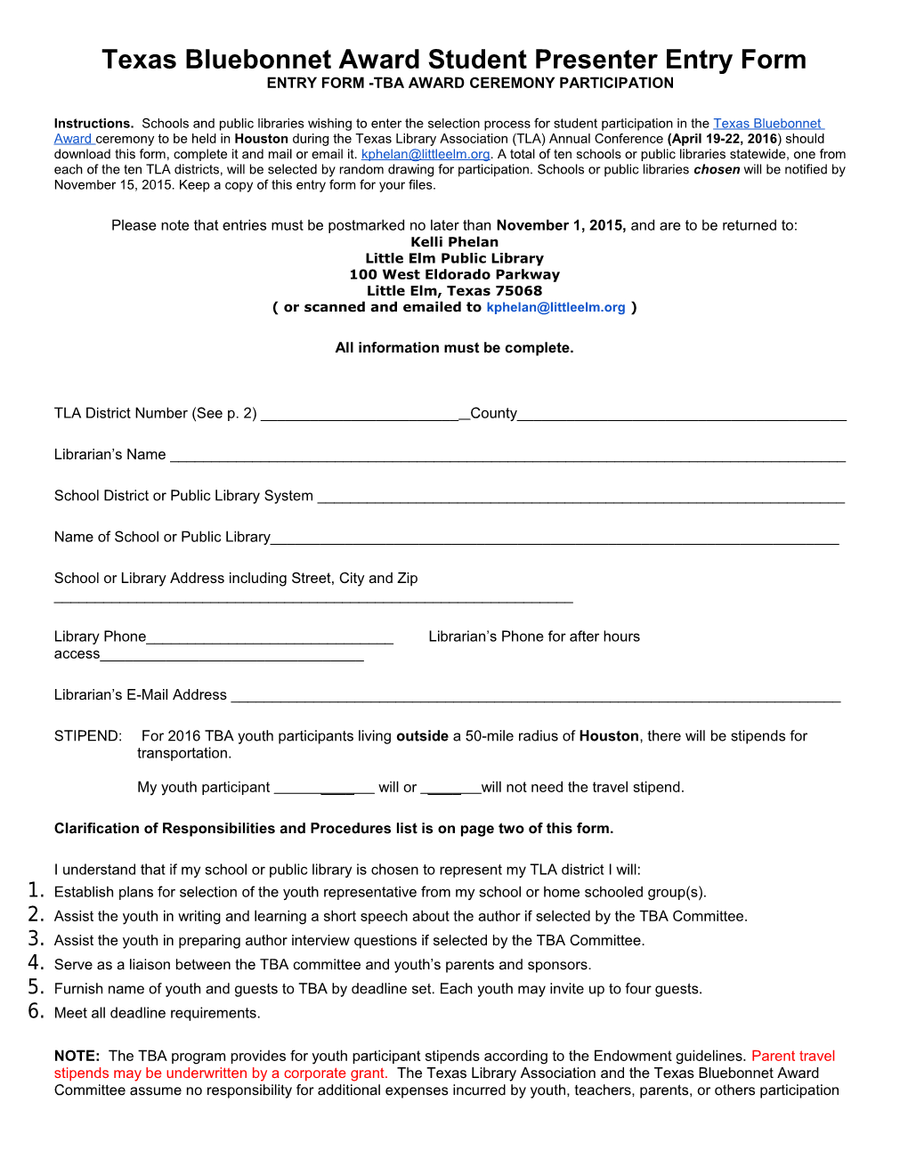 Texas Bluebonnet Award Student Presenter Entry Formentry FORM -TBA AWARD CEREMONY PARTICIPATION