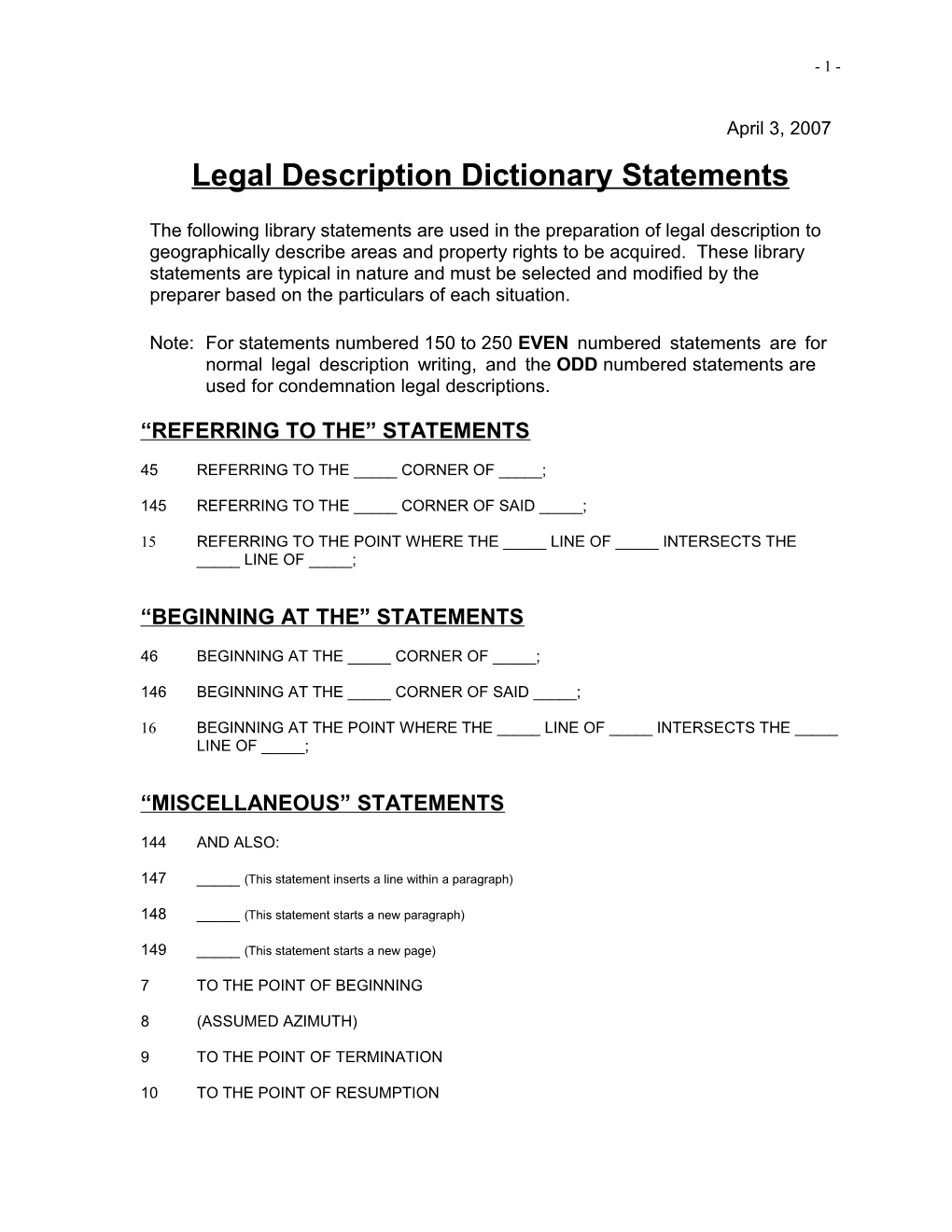 Legal Description Dictionary Statements