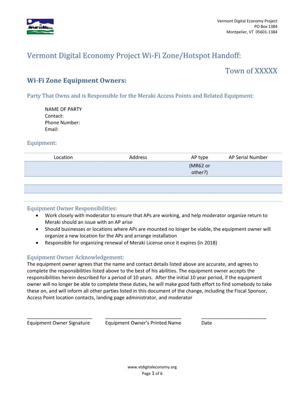 Vermont Digital Economy Project Wi-Fi Zone/Hotspot Handoff