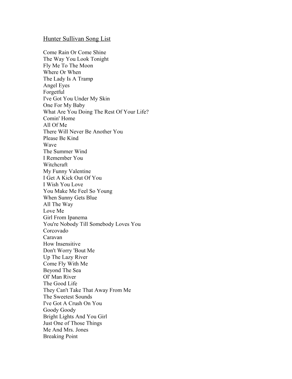 Hunter Sullivan Song List