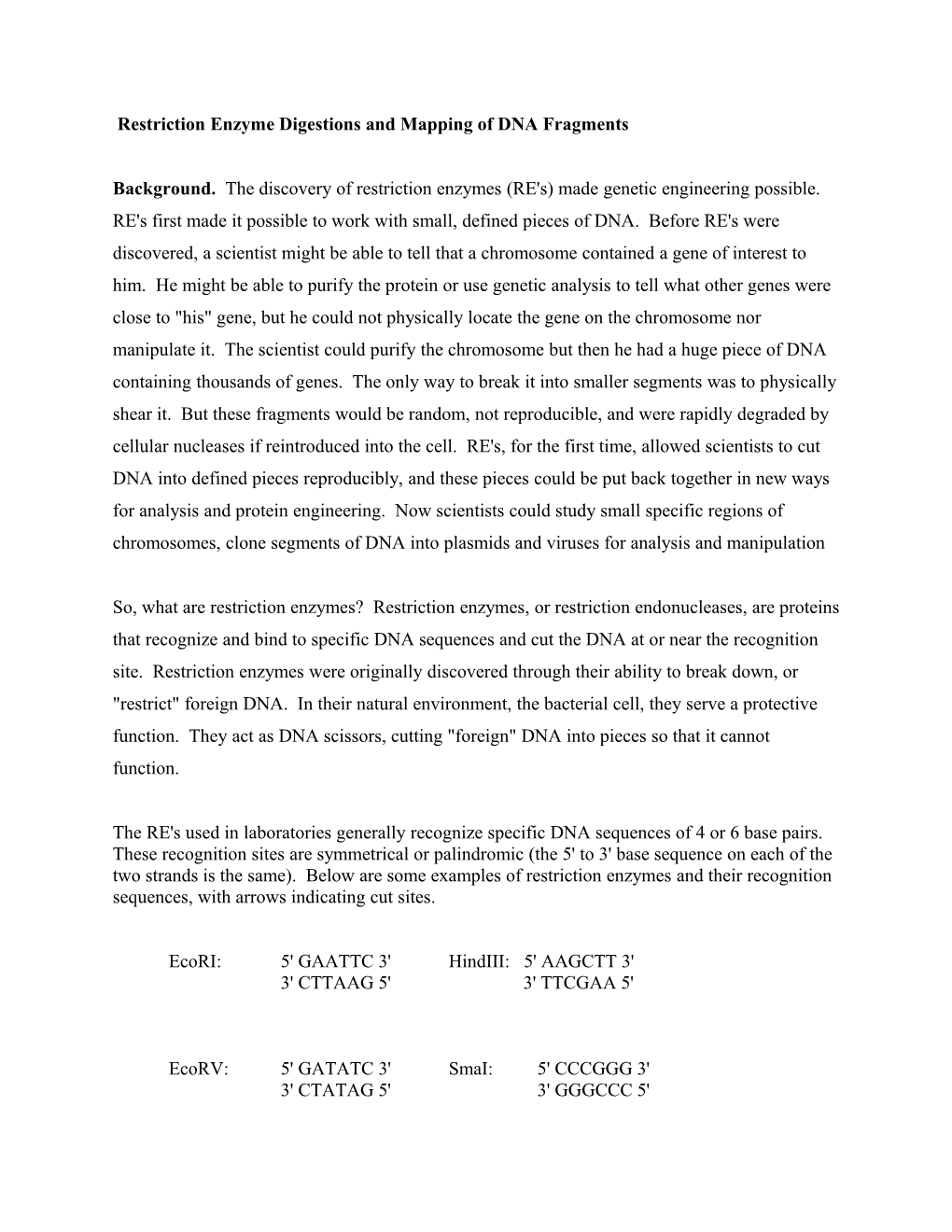 Restriction Enzyme Digestions and Mapping of DNA Fragments