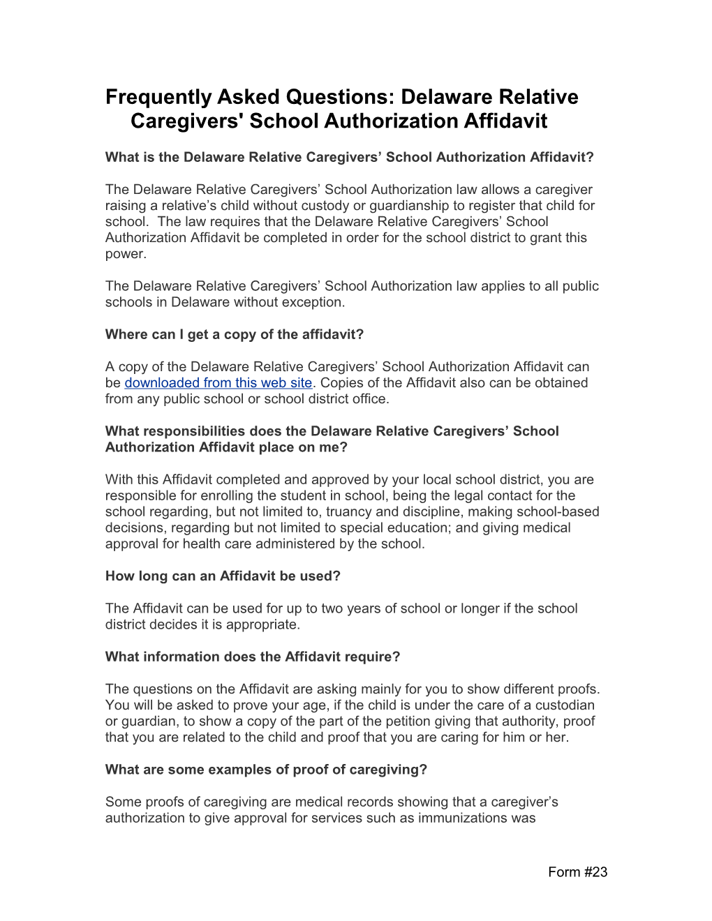 Frequently Asked Questions: Delaware Relative Caregivers' School Authorization Affidavit
