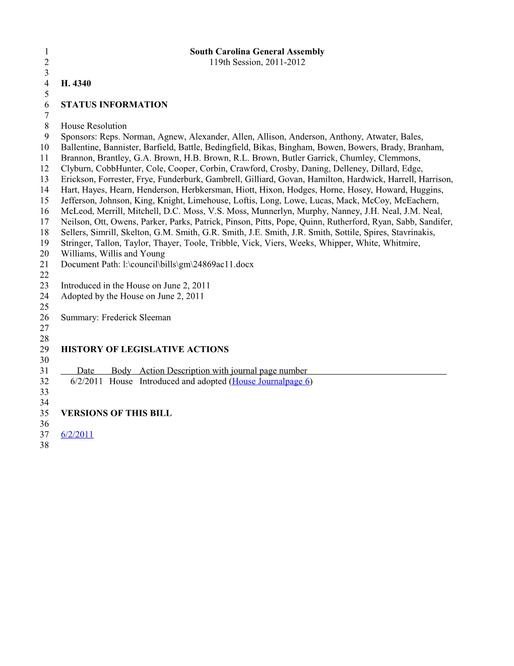 2011-2012 Bill 4340: Frederick Sleeman - South Carolina Legislature Online