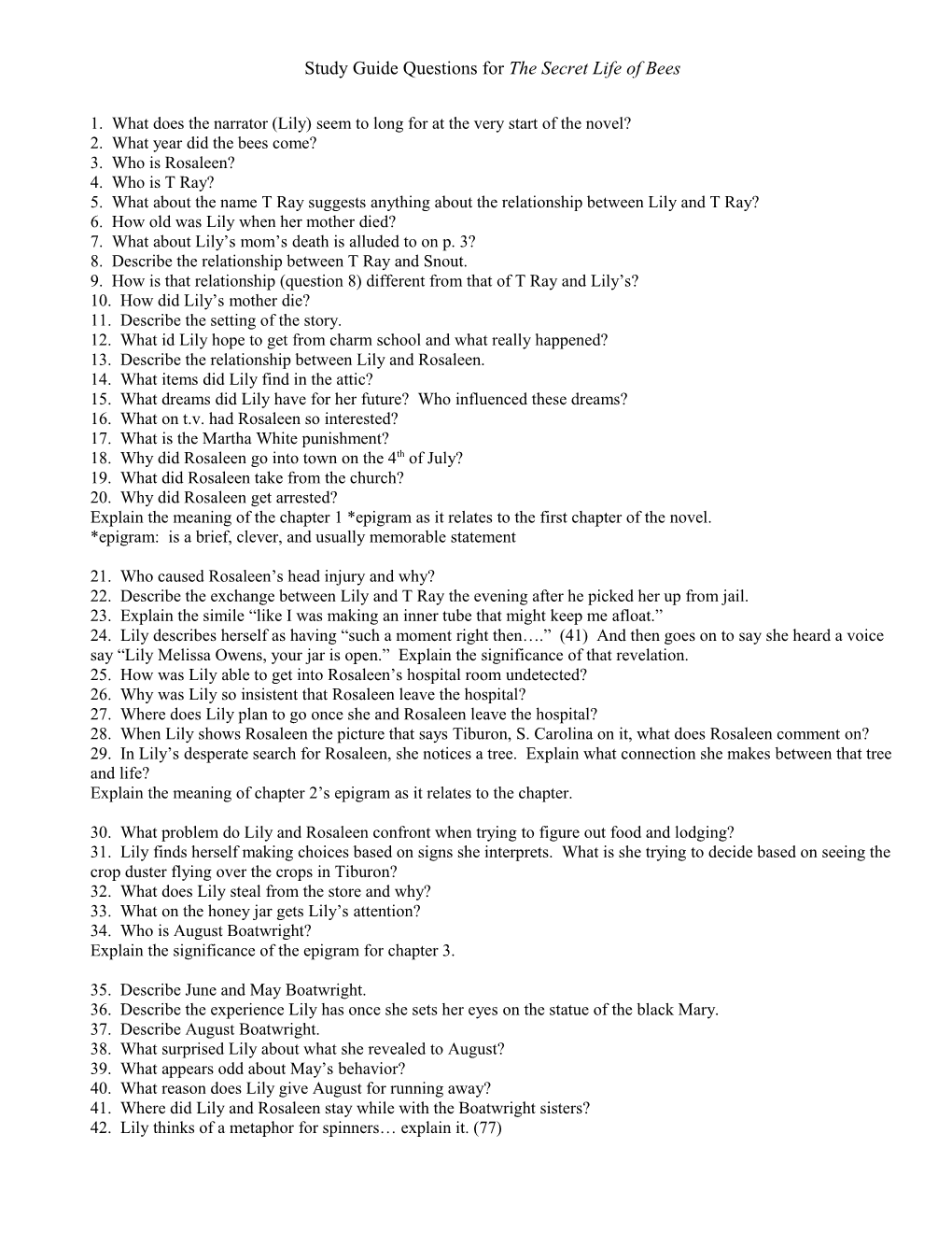 Study Guide Questions for the Secret Life of Bees