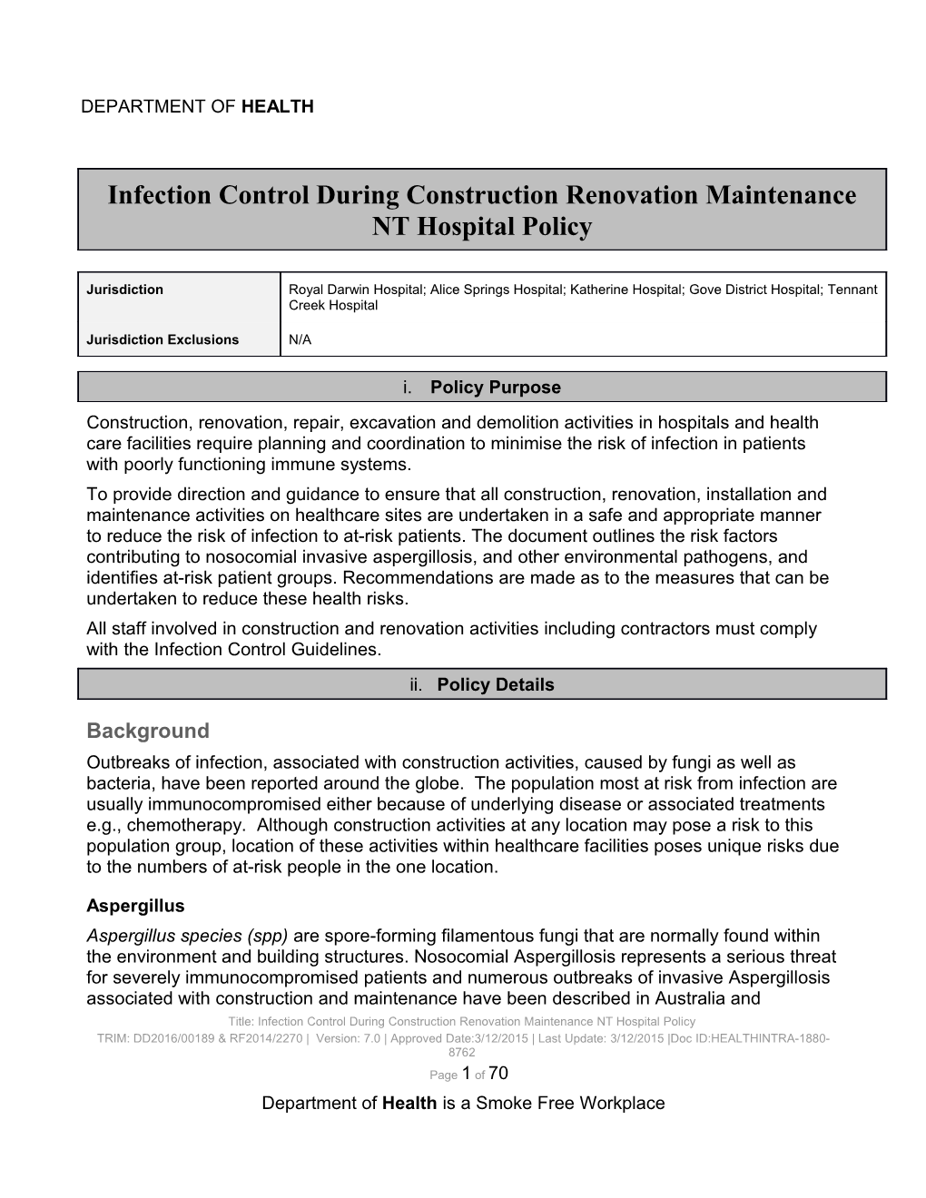 Infection Control During Construction Renovation Maintenance NT Hospital Policy