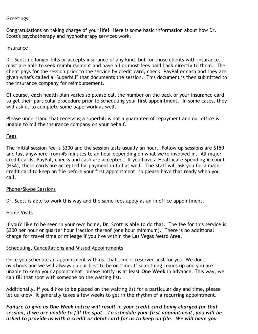 Dr. Scott Private Client Information Sheet and Agreement