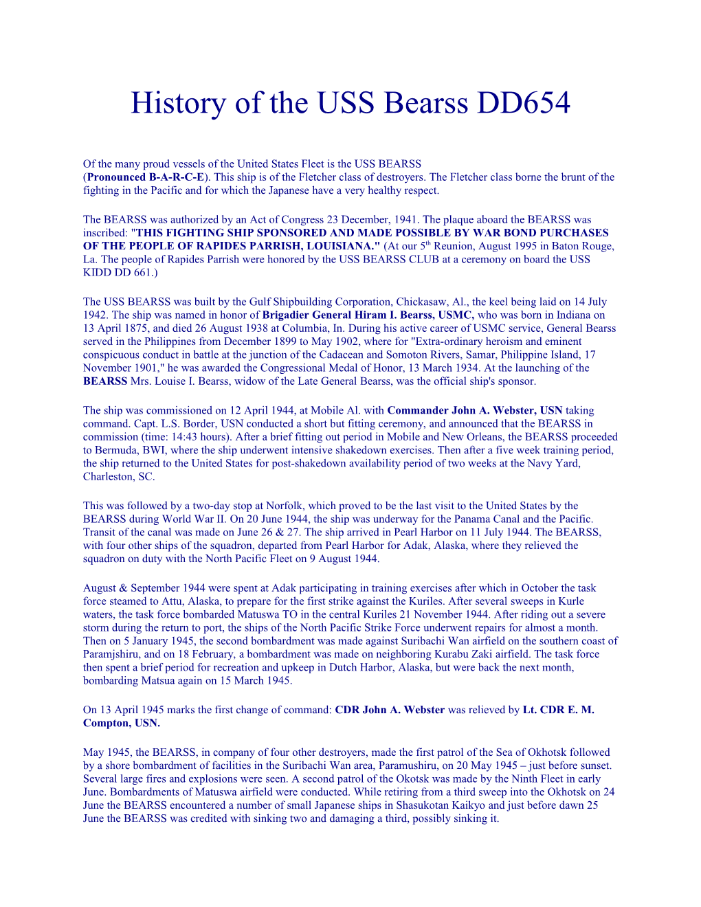 History of the USS Bearss DD654