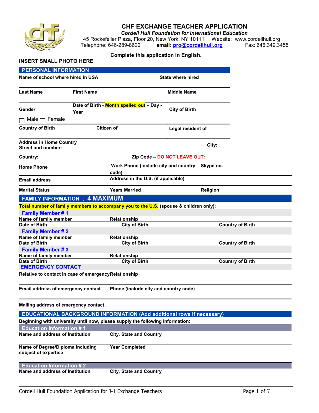 Cordell Hull Foundation Exchange Teacher Application