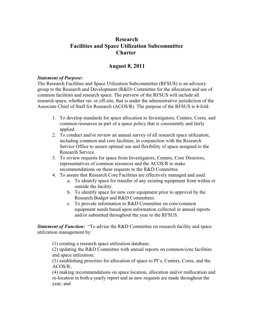Research Space Utilization Committee Charter Documents