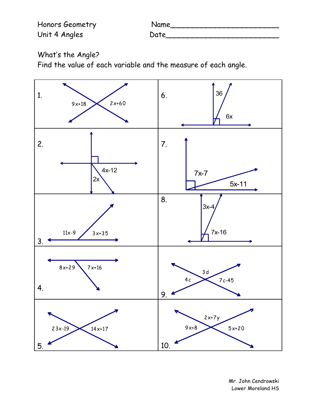 Find the Value of Each Variable and the Measure of Each Angle