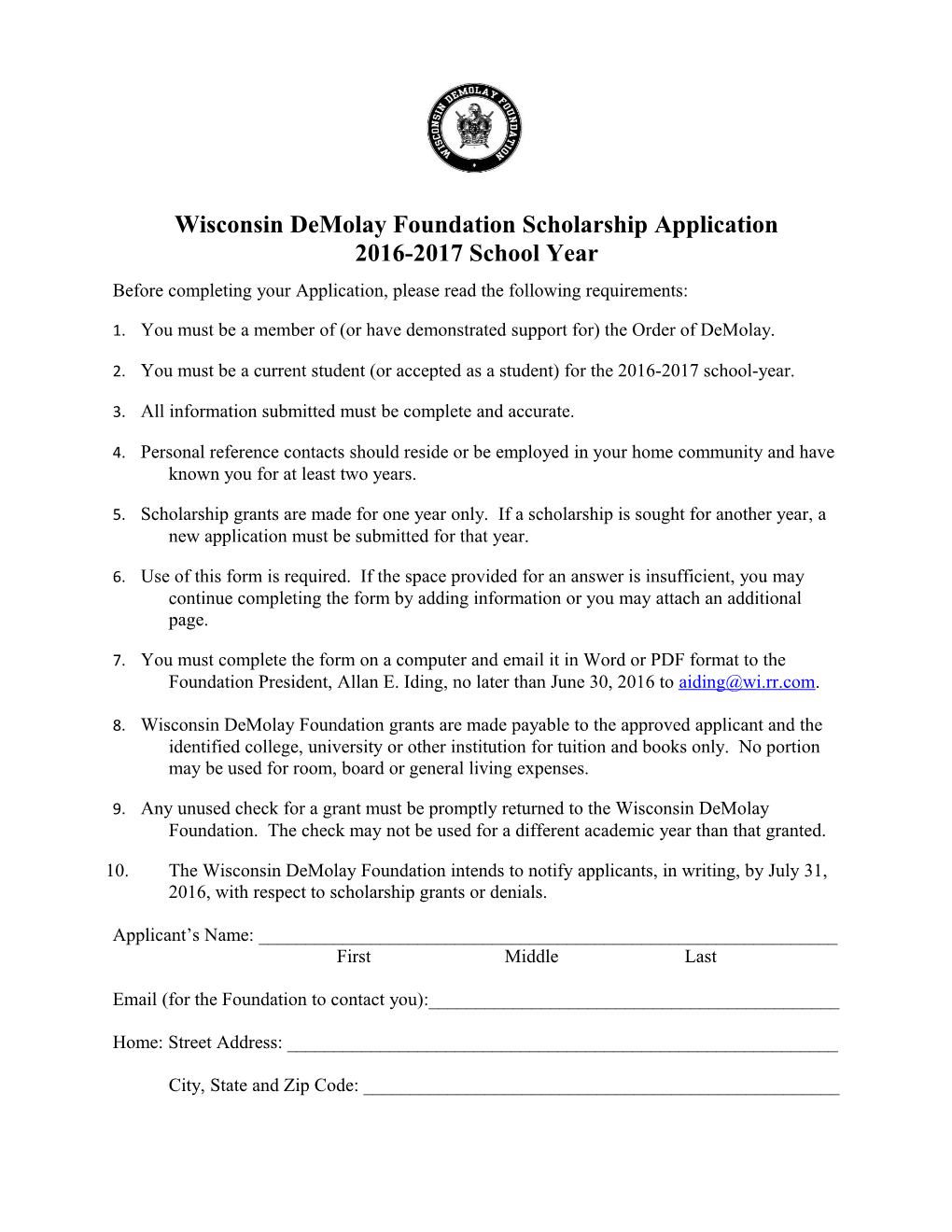 Wisconsin Demolay Foundation Scholarship Application