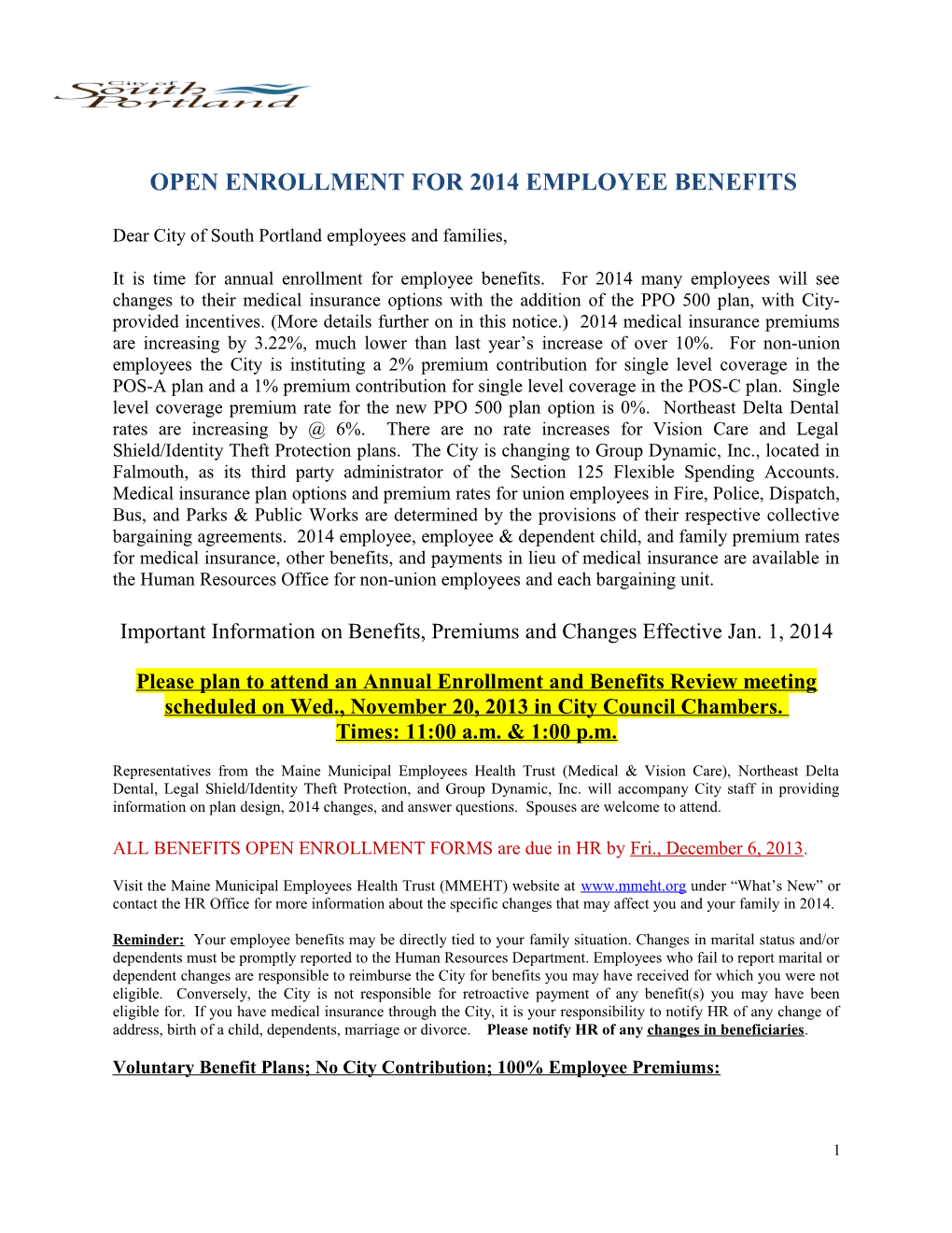 Open Enrollment for 2014 Employee Benefits