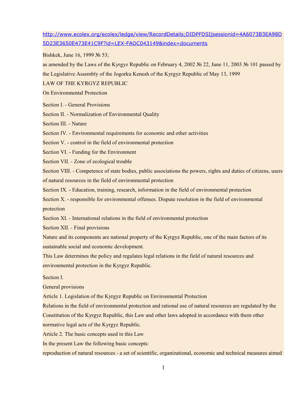 Section I. - General Provisions Section II. - Normalization of Environmental Quality Section