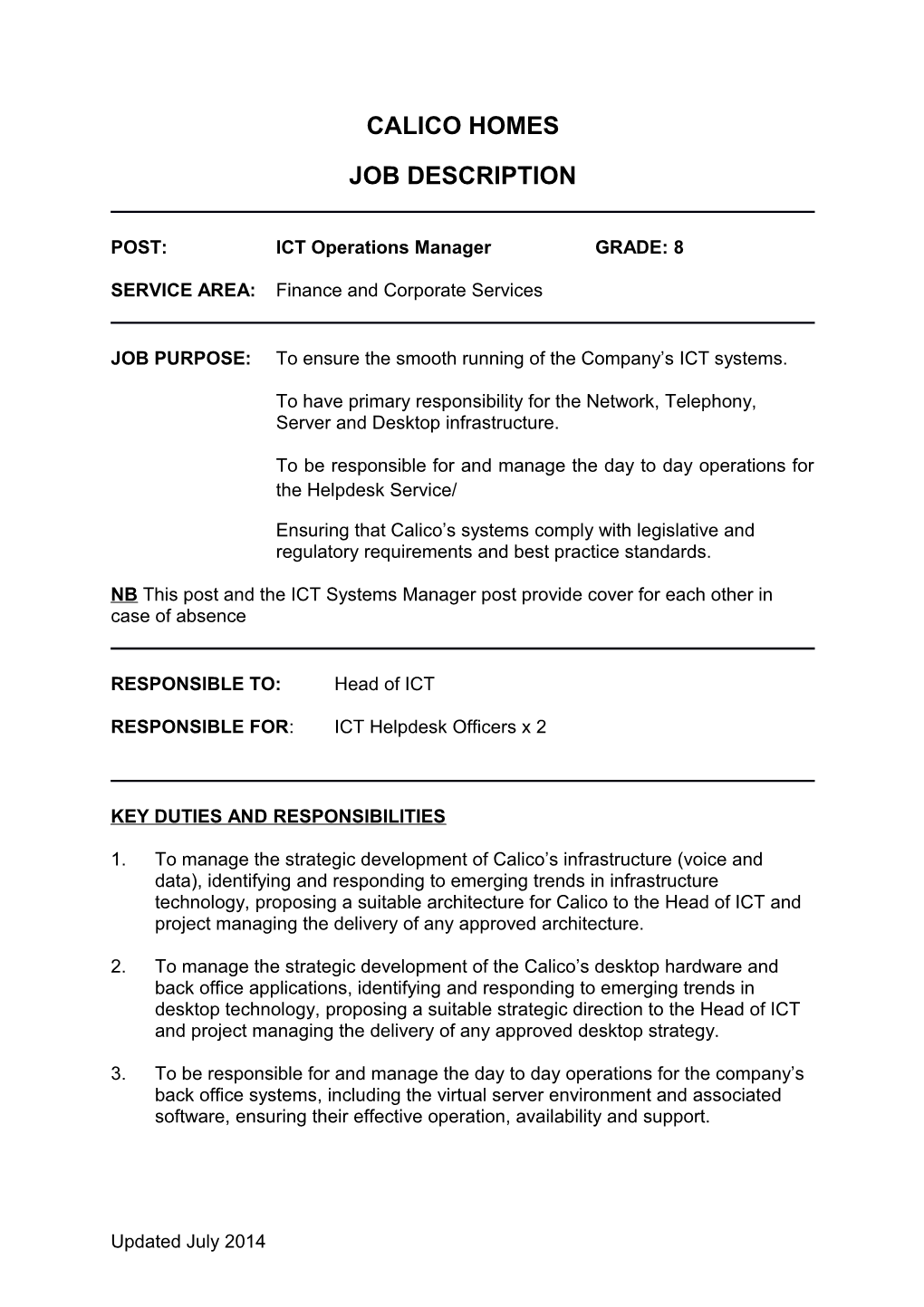 POST:ICT Operations Managergrade: 8