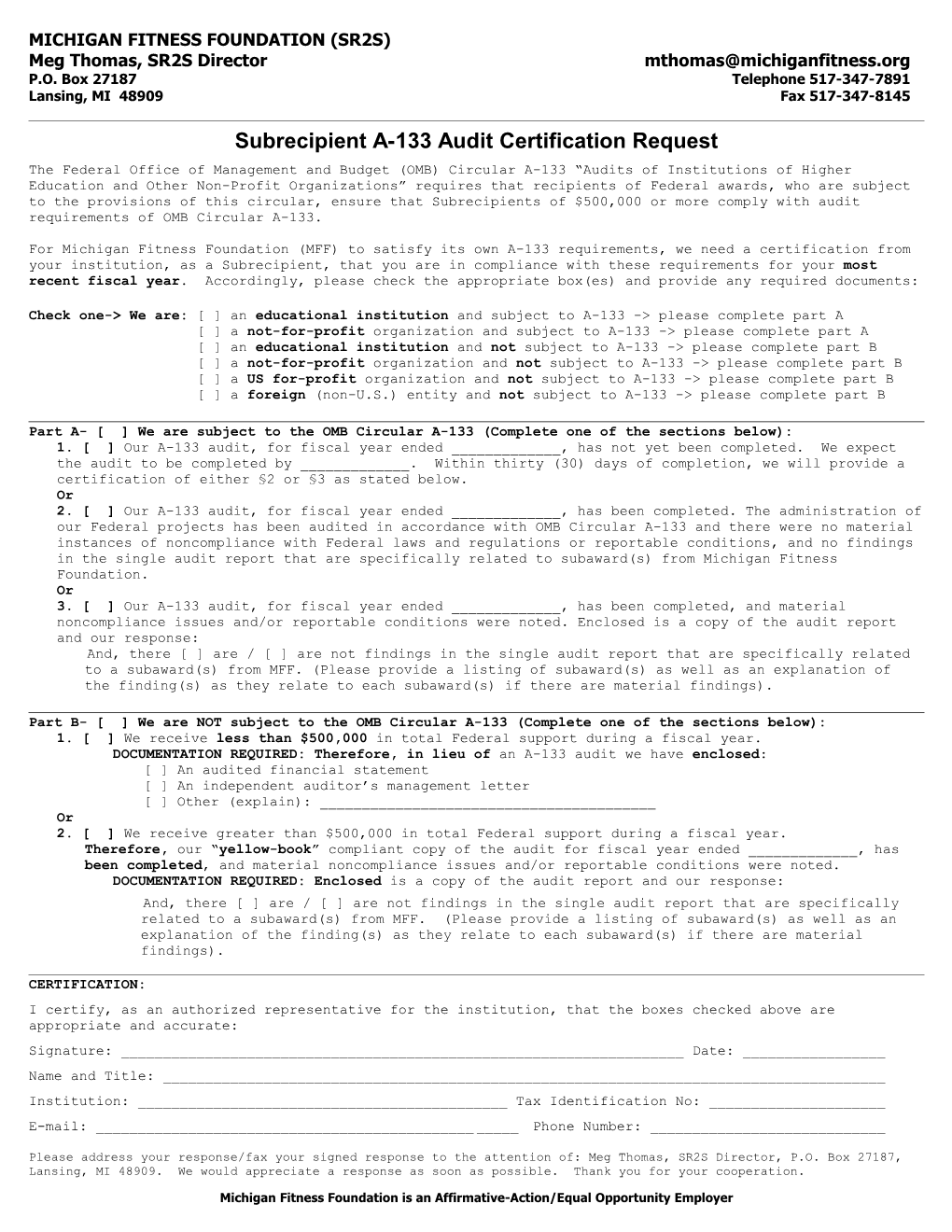 Subrecipient A-133 Audit Certification Request