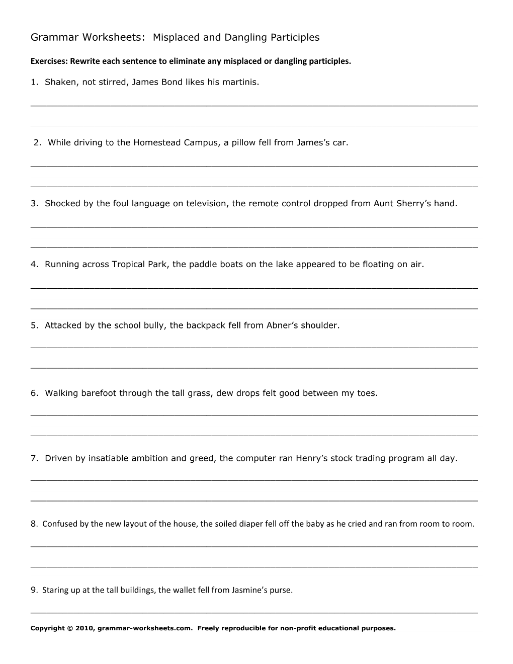Grammar Worksheets: Misplaced and Dangling Participles