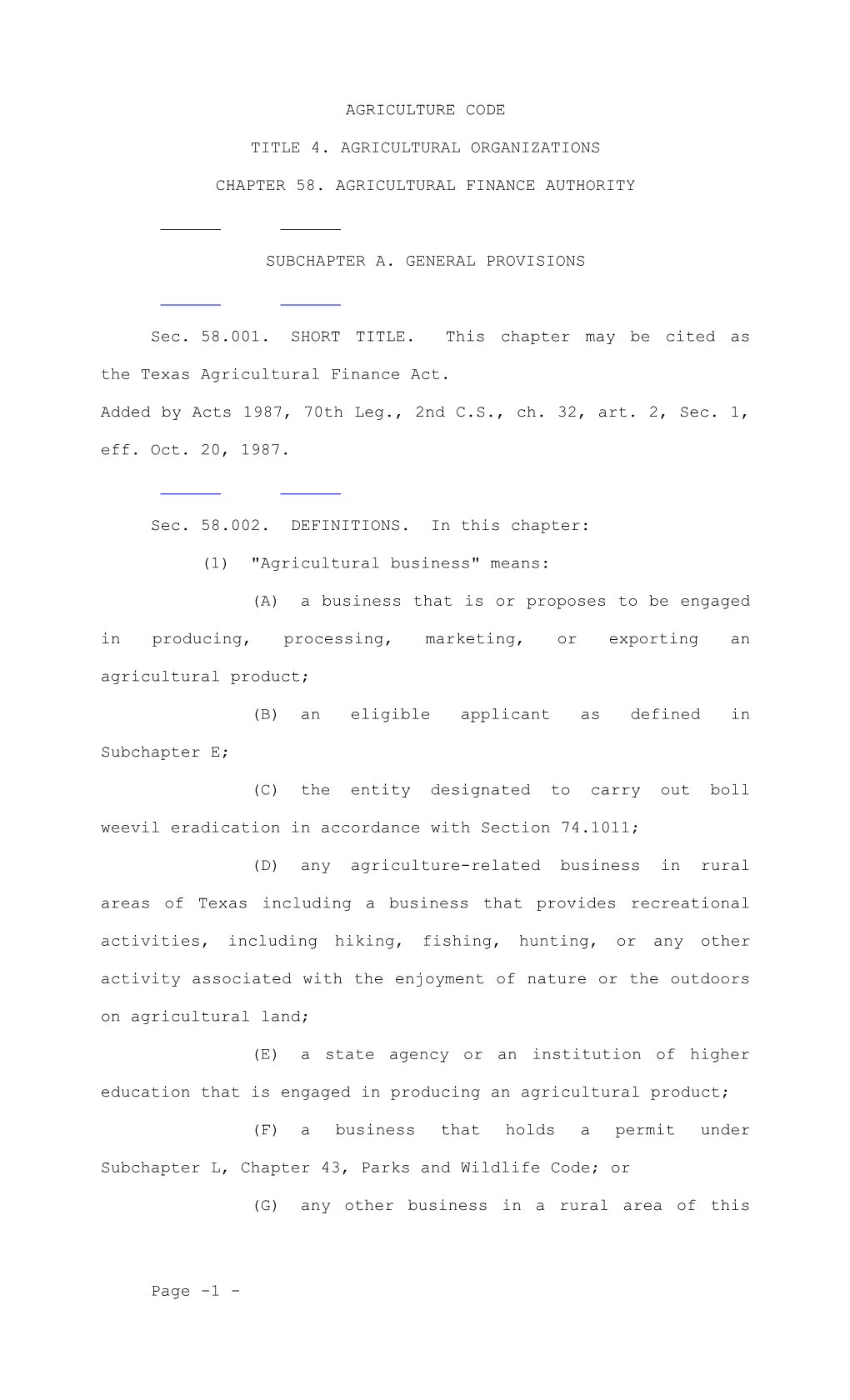 Chapter 58. Agricultural Finance Authority