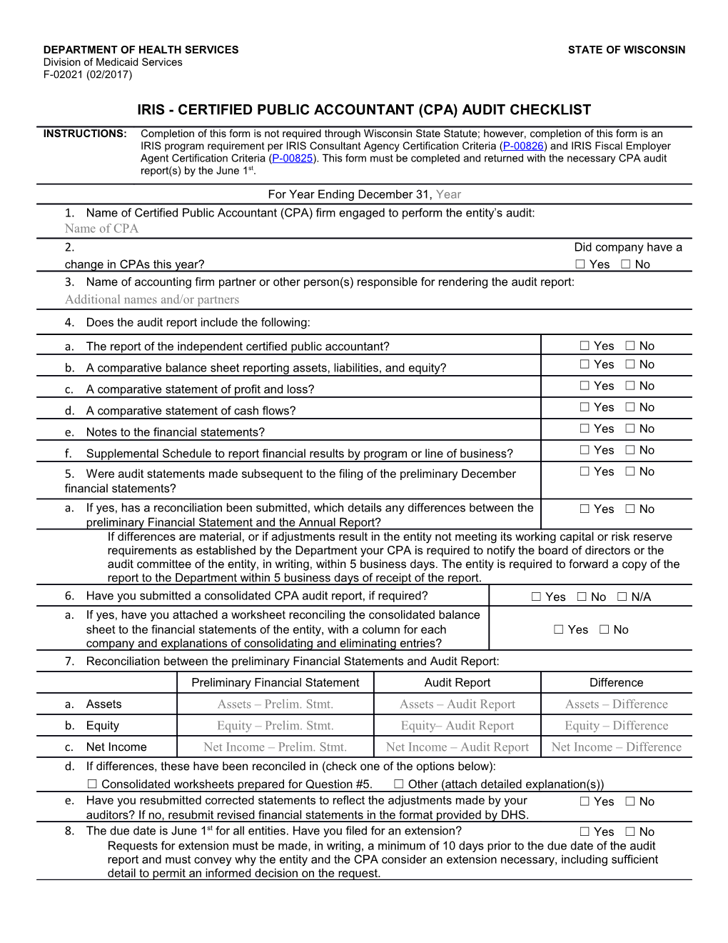 IRIS Certified Public Accountant (CPA) Audit Checklist