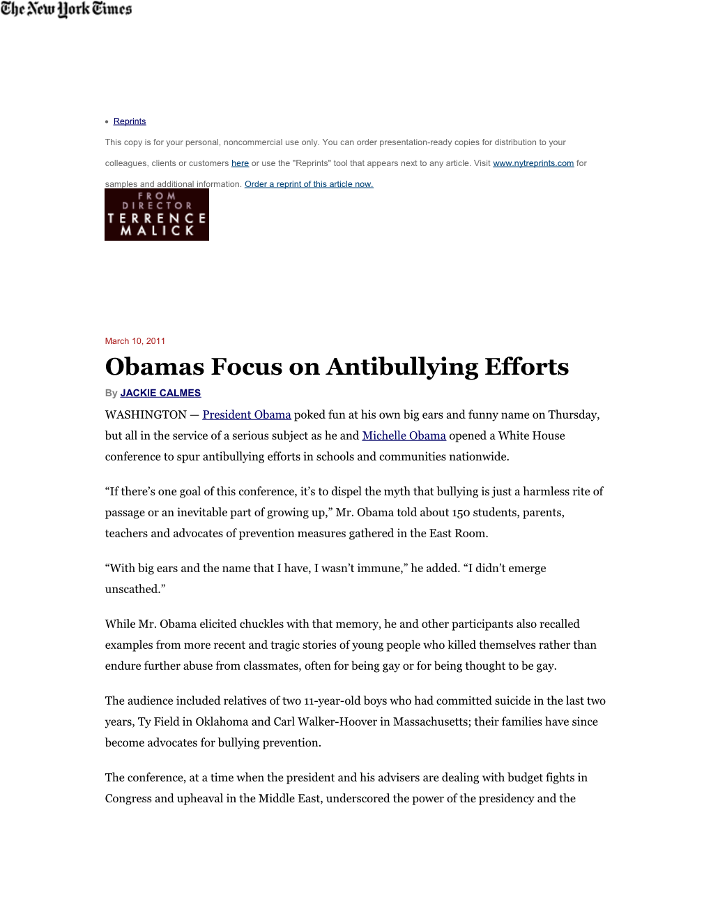 Obamas Focus on Antibullying Efforts
