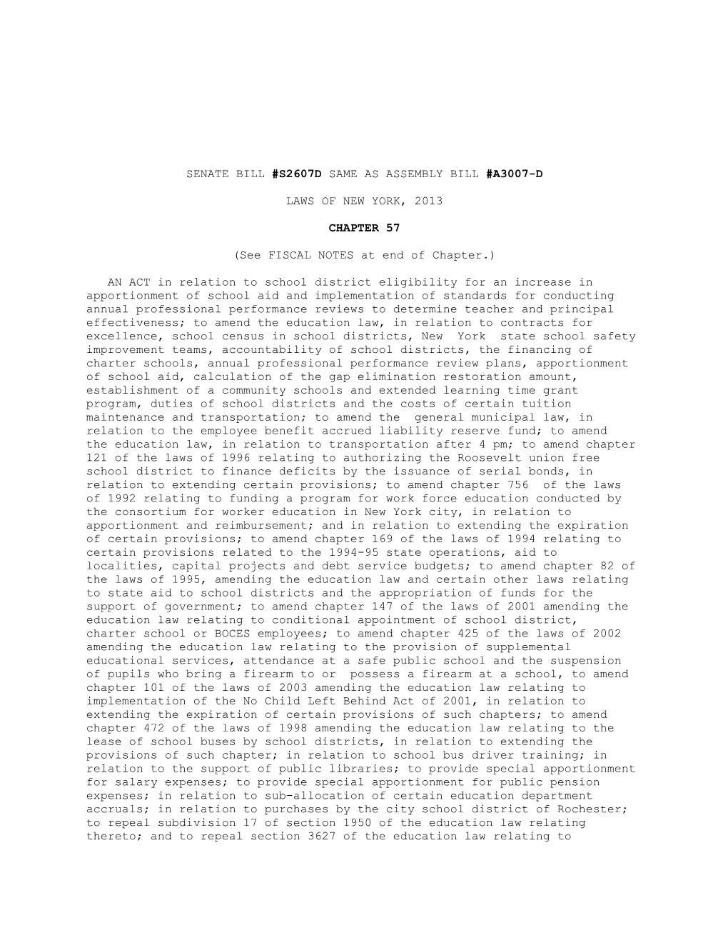 Senate Bill #S2607d Same As Assembly Bill #A3007-D