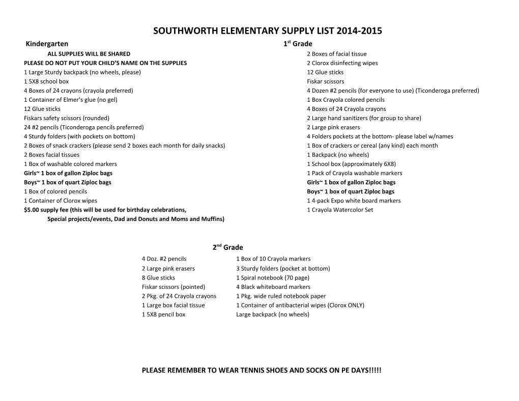 Southworth Elementary Supply List 2014-2015