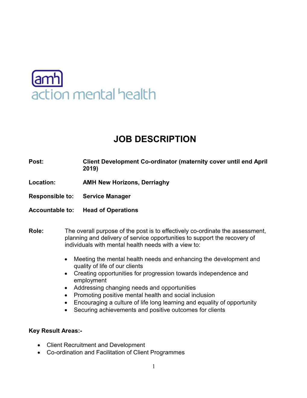 Post:Client Development Co-Ordinator (Maternity Cover Until End April 2019)