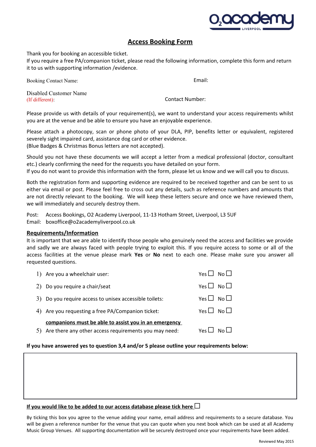 Access Booking Form