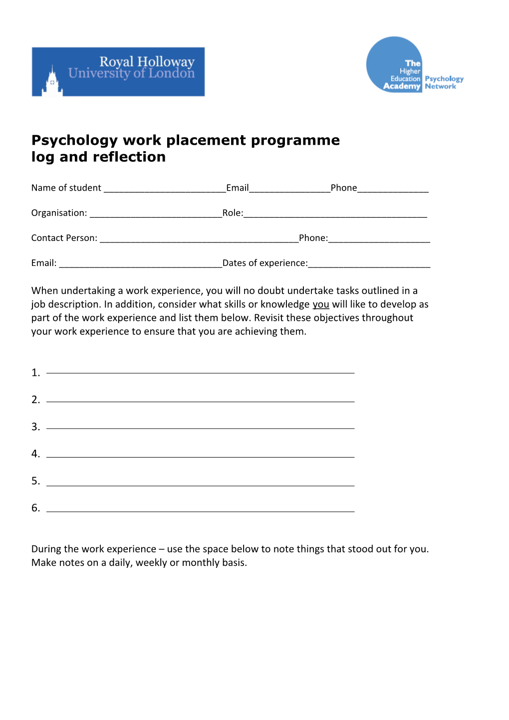 Psychology Work Placement Programme