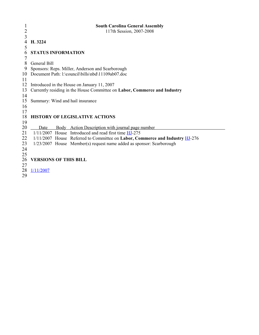 2007-2008 Bill 3224: Wind and Hail Insurance - South Carolina Legislature Online