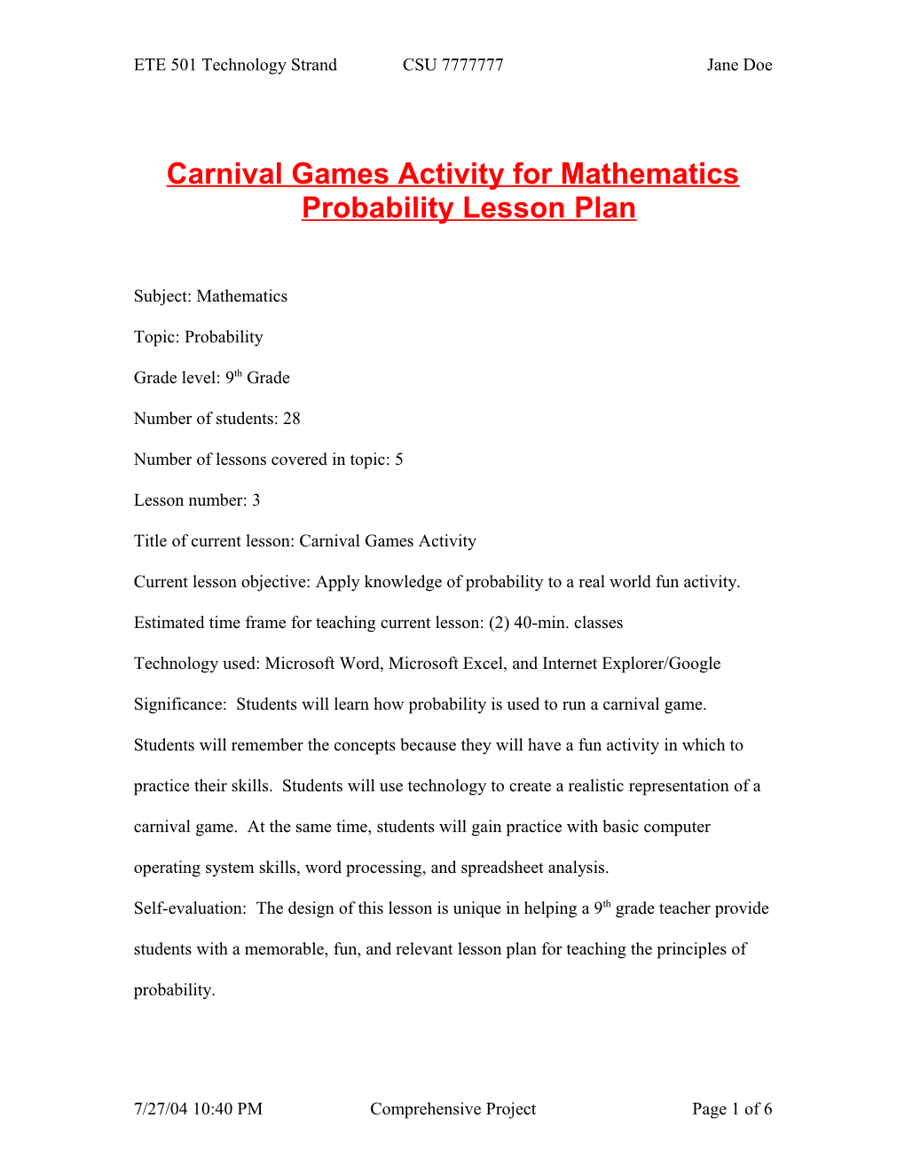 Carnival Games Activity for Mathematics Probability Lesson Plan