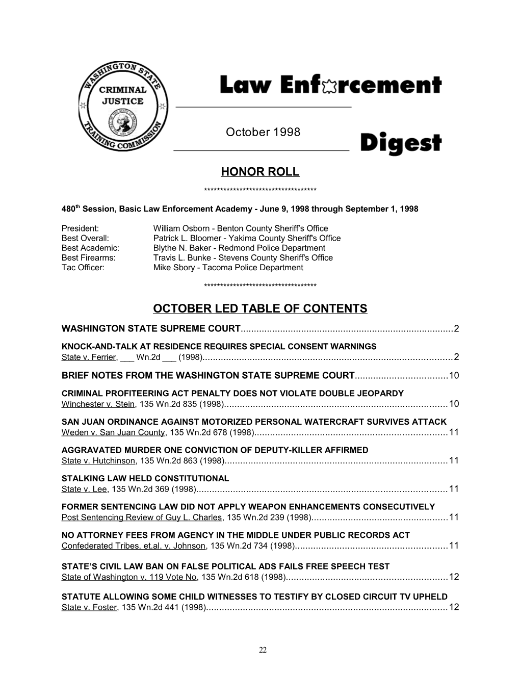 480Th Session, Basic Law Enforcement Academy - June 9, 1998 Through September 1, 1998