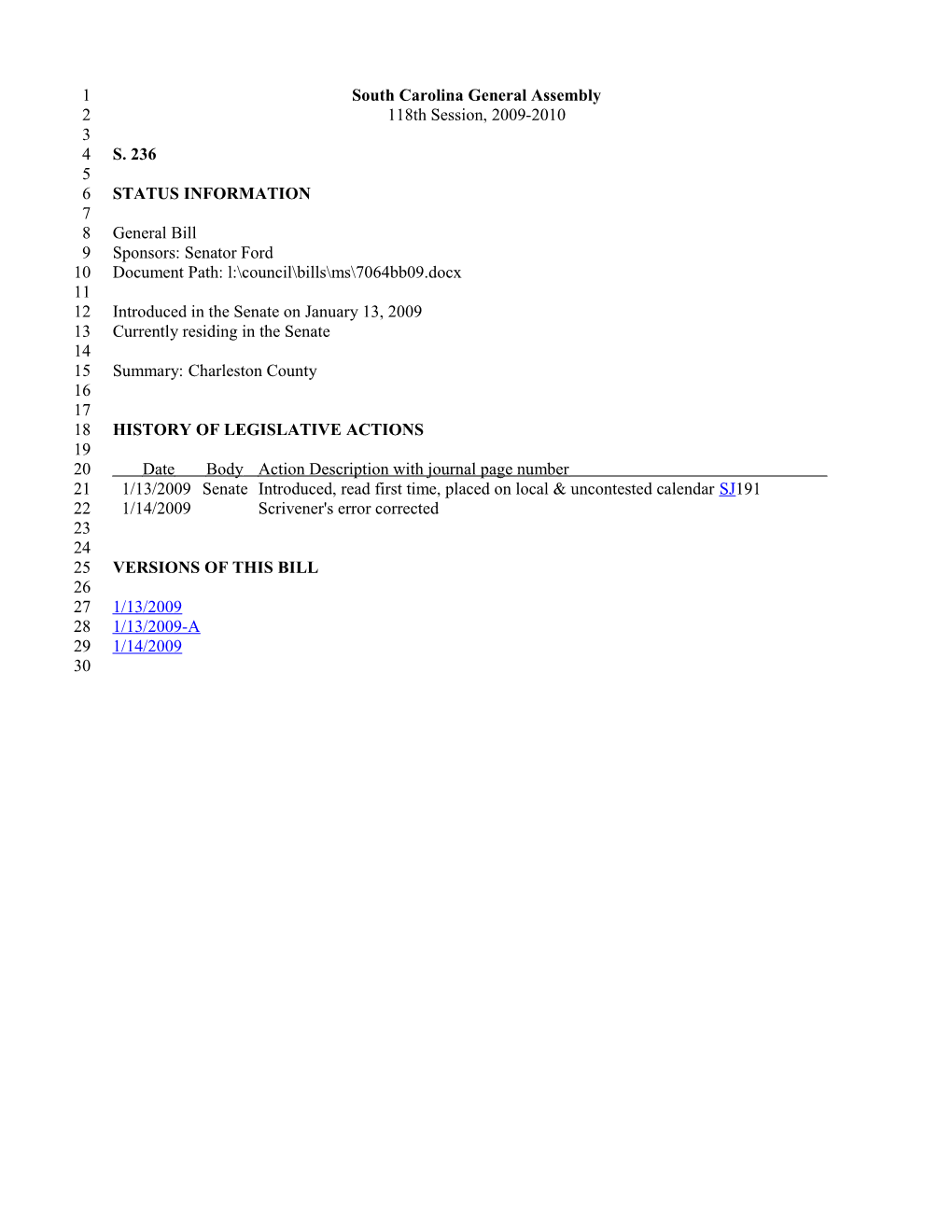 2009-2010 Bill 236: Charleston County - South Carolina Legislature Online