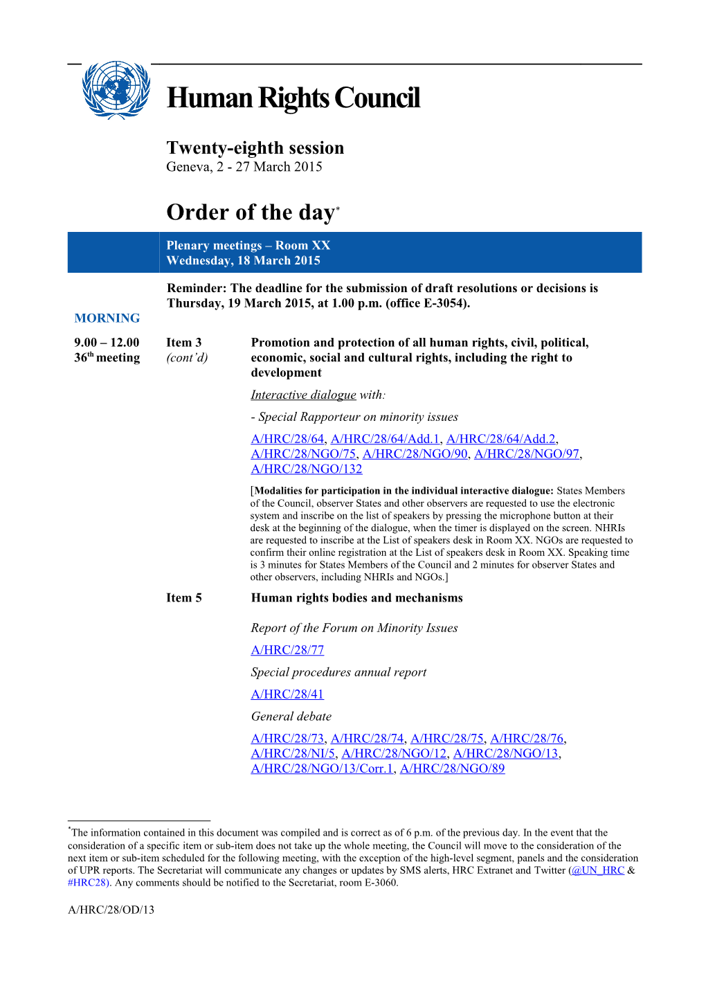 Order of the Day, Wednesday 18 March 2015