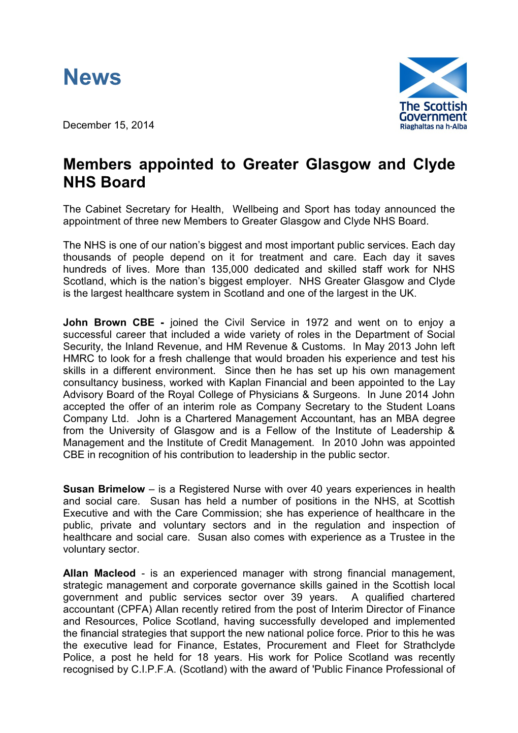 Members Appointed to Greater Glasgow and Clyde NHS Board