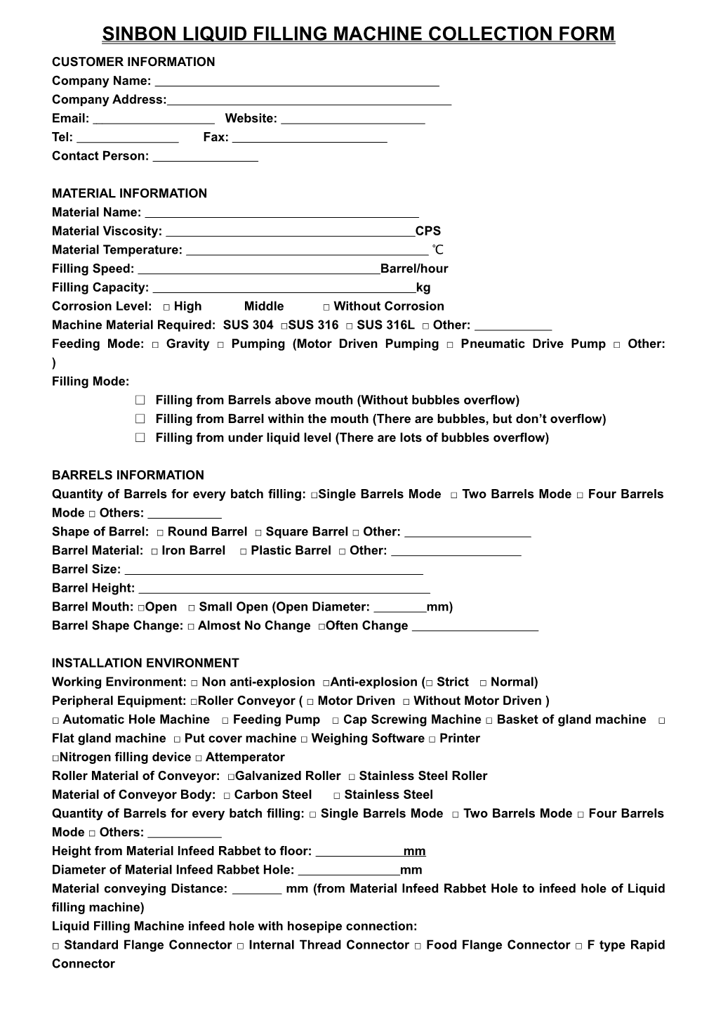 Sinbon Liquid Filling Machine Collection Form