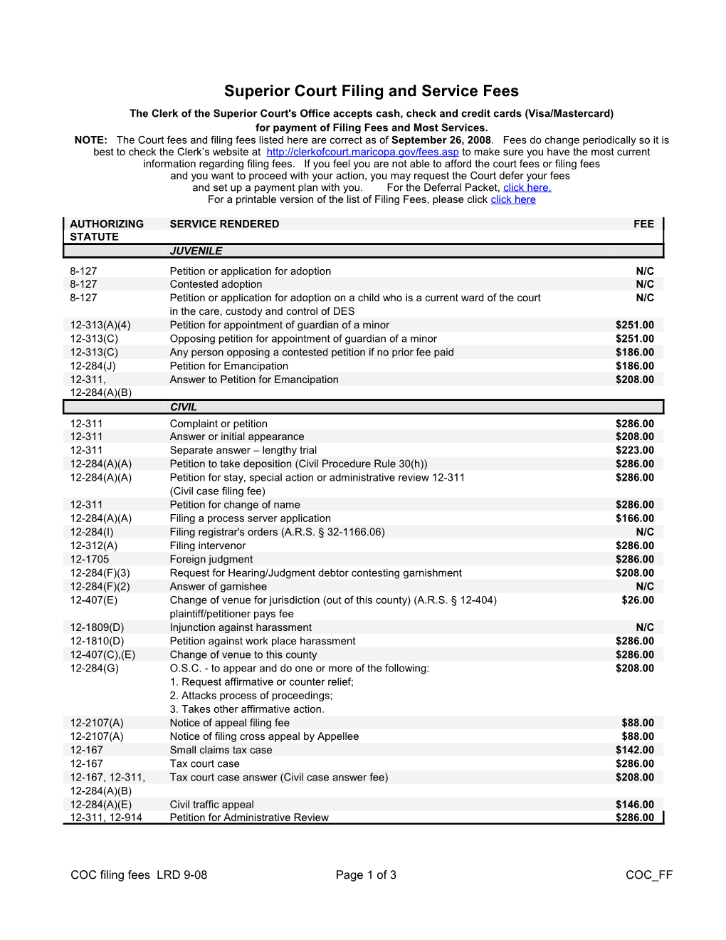 Superior Court Filing and Service Fees