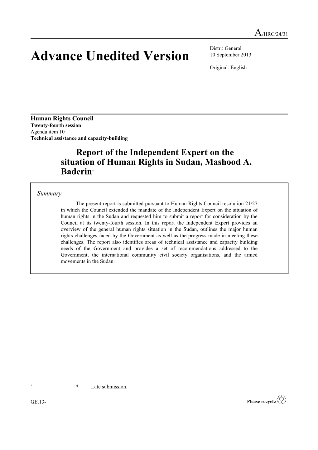 Report of the Independent Expert on the Situation of Human Rights in Sudan